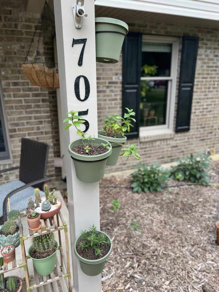 A vertical herb garden on a porch post