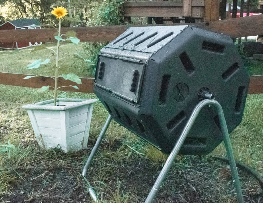 A compost tumbler in my home garden